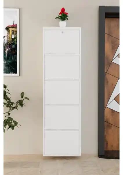 EVDEMO Kilitli 5 Kapaklı Metal Ayakkabılık Beyaz Modern ve Dayanıklı Depolama Çözümü