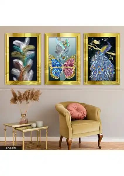 Evine Moda Kuş Tüy Kelebek Gold Pleksi Aynalı Tablo 3 Parça Modern Dekorasyon