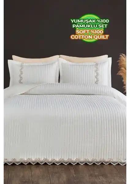 Evlen Home Collection Kapitone Mihrimah Dantelli 3 Parça Yatak Örtüsü Şıklık ve Fonksiyonellik Sunar