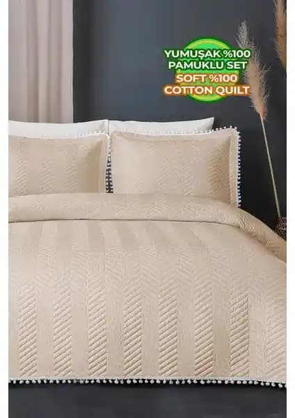 Evlen Home Collection Ponponlu %100 Pamuk Tek Kişilik Yatak Örtüsü ve Pike Takımı Açık Cappuccino