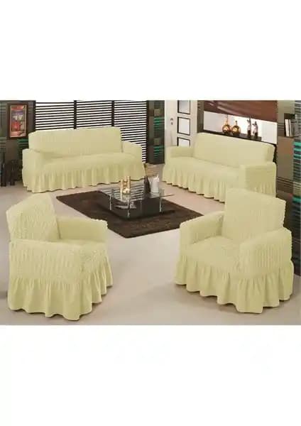 Evory Home Bürümcük Maxi Koltuk Örtüsü Takımı Krem Renkli Modern ve Dayanıklı Oturma Odası Dekorasyonu