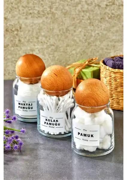 Fbz Home 3'lü Top Kapaklı Cam Kulak ve Makyaj Pamuğu Seti Şık ve Dayanıklı Tasarım