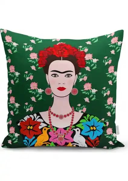 Frida Kahlo Motifli Yeşil Yüzeyli Özel Tasarım Yastık Kılıfı Ev Dekorasyonu İçin