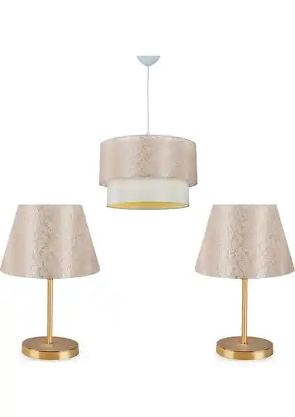 Homing Şampanya Dantel Kumaş Sarkıt Avize ve Lara Gold Abajur Seti ile Şık İç Mekan Dekorasyonu