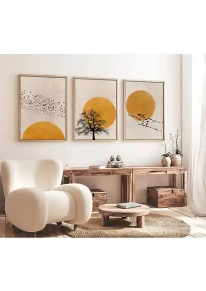 Huhuli Ahşap Çerçeveli Minimalist 3’lü Tablo Modern Dekorasyon İçin Uygun