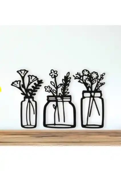 İON Wooden Factory Dekoratif 3'lü Saksıda Çiçekler Duvar Dekoru İç Mekanlar İçin