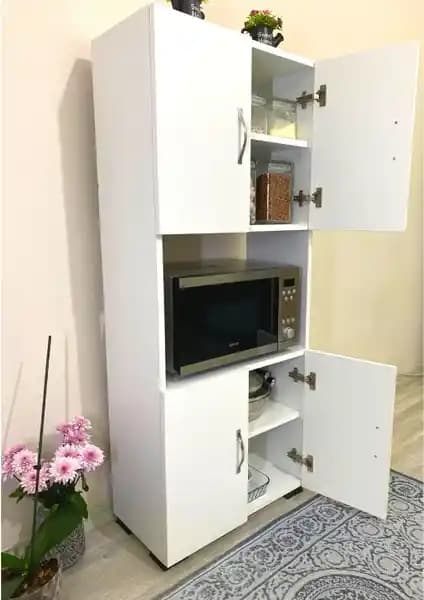 Irmak Mobilya Çok Amaçlı 4 Kapaklı Orta Bölmeli Beyaz Mikrodalga Fırın Dolabı