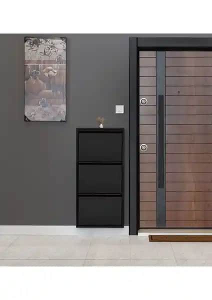 Kaser Siyah 3'lü Metal Ayakkabılık Modern ve Dayanıklı Ev Depolama Çözümü