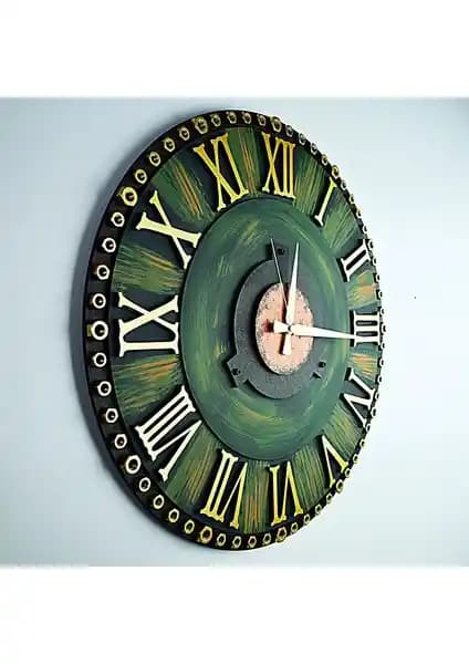 Kayra Tasarım Ahşap Duvar Saati Yeşil Roma Teması 50 cm Modern Dekorasyon için