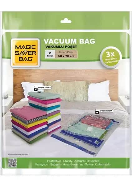 Magic Saver Bag 2'li Large Vakumlu Poşet Seti ile Evde Depolama Alanını Verimli Kullanın