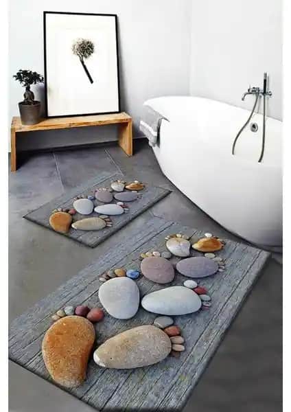 Marka Halı Gri Desenli Yıkanabilir Kaymaz Tabanlı Banyo Paspası Seti
