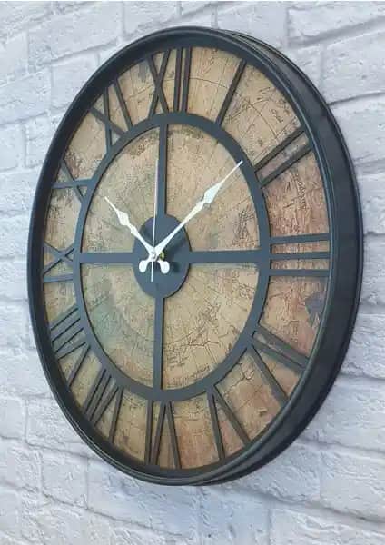 Markakanvas Metal Kasalı Eski Dünya Haritalı Duvar Saati Dekorasyon ve Estetik İçin Uygun