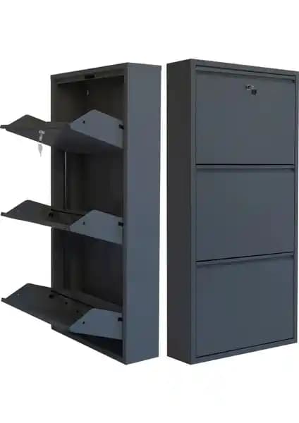 Mobilya Pratik Kilitli 3'lü Metal Ayakkabılık Antrasit Renkli Şık ve Dayanıklı Tasarım