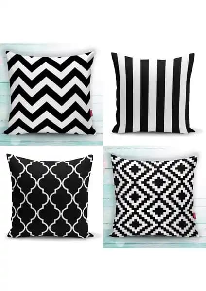Modern Ev Dekorasyonuna Uygun Siyah Beyaz 4'lü Kırlent Kılıfı Seti 43x43 cm