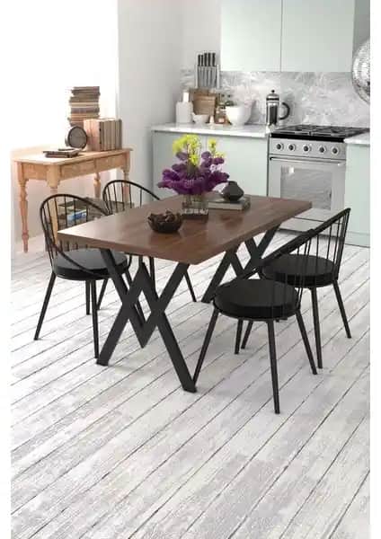 Modern ve Dayanıklı EVDEMO Eylül 4 Kişilik Ceviz Siyah Mutfak Masası Takımı