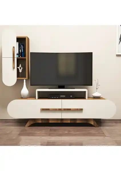 Modern ve Dayanıklı Variant Rose Duvar Raflı TV Ünitesi Ceviz-Ekru Tasarımı