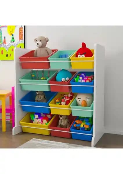 Mordeka Renkli 12 Sepetli Oyuncak Dolabı Çocuk Odası İçin Fonksiyonel ve Şık Tasarım