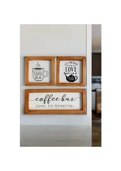 Mutfak Dekorasyonunu Geliştiren Ahşap Çay Kahve Köşesi Duvar Tablo Seti En Güncel Tasarım