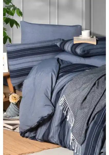 My Story Lastikli Çarşaflı Tek Kişilik Nevresim Takımı Indigo Çizgili: Konfor ve Şıklığın Buluşması