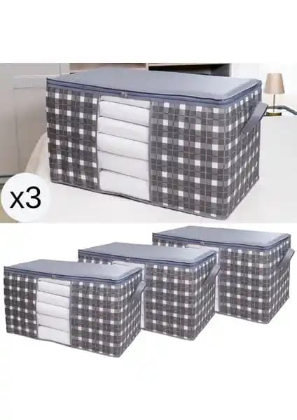 Nacarev 3 Adet Mega Boy Pencereli Hurç Seti Gri Ekose Desen Modern Ev Saklama Çözümü