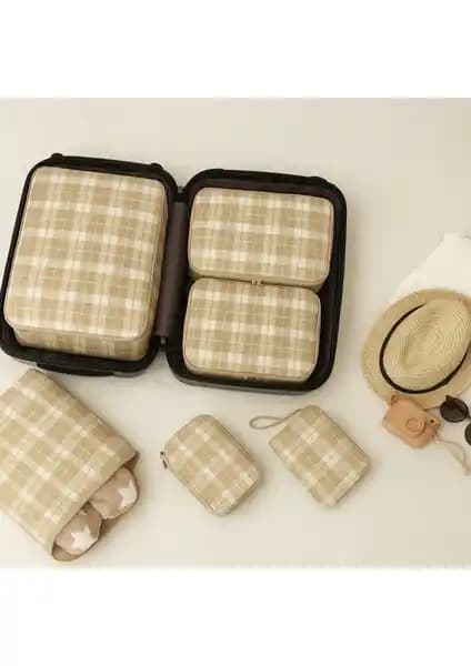 Nacarev 6'lı Bej Kare Ekose Desenli Valiz İç Organize Seti Seyahat ve Ev Düzeni İçin Uygun
