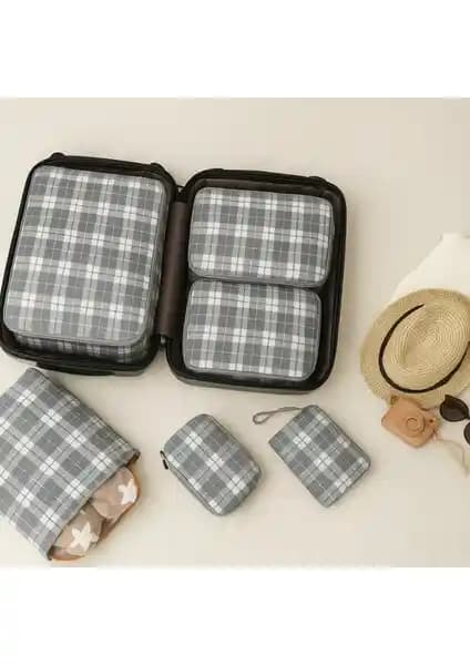 Nacarev 6'lı Gri Kare Ekose Desenli Valiz İç Organizatör Seti ile Seyahatleri Daha Pratik Hale Getirin