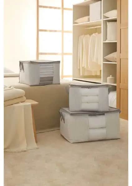 Ocean Home Textile 3'lü Pencereli Hurç Seti Gri Çizgili Modern Depolama Çözümü