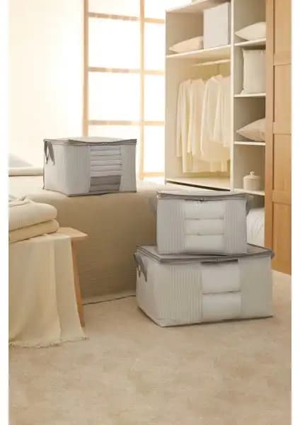 Ocean Home Textile 3'lü Pencereli Hurç Seti Gri Çizgili Modern Depolama Çözümü