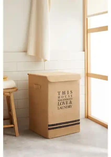 Ocean Home Textile Jüt Kapaklı Katlanır Kirli Çamaşır Sepeti Modern ve Dayanıklı Tasarım