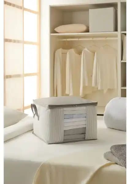 Ocean Home Textile Orta Boy Pencereli Hurç Gri Çizgili Set Ev Düzeni İçin Pratik Saklama Çözümü