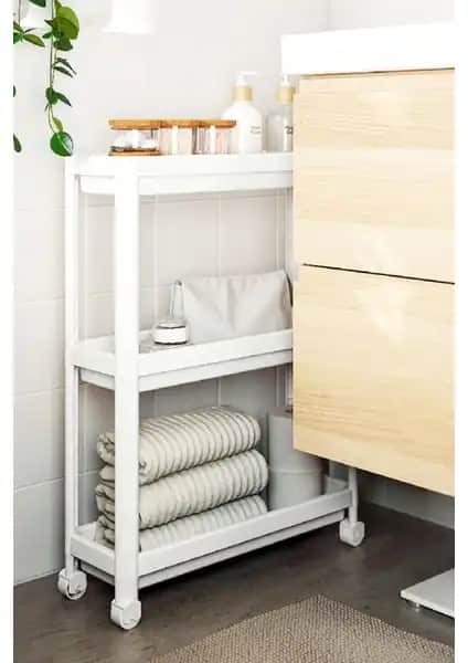 Omaş 3 Katlı Tekerlekli Beyaz Raf Ünitesi: Pratik ve Şık Depolama Çözümü