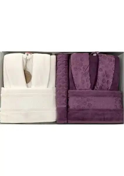 Özdilek Blossom Mürdüm-Krem Happy Bornoz Seti: Şıklık ve Konforu Bir Arada Sunar