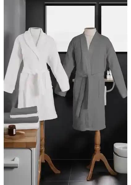 Özdilek Elissa Aile Bornoz Seti Gri Beyaz - Yüksek Kalite ve Konforlu Pamuklu Takım