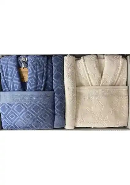 Özdilek Pastoral Lacivert Krem Aile Bornoz Seti Konfor ve Şıklık Sunar