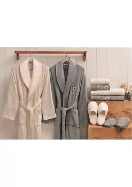 Özdilek Wedding Aile Bornoz Seti Gri Krem Şık ve Dayanıklı Pamuklu Tasarım