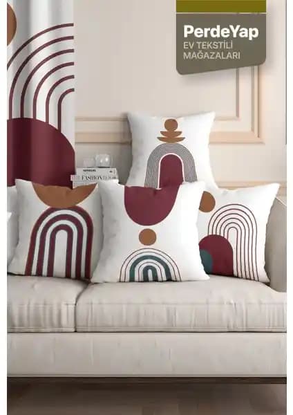 PerdeYap Geometrik Desenli Beyaz Zemin Üzerine 4'lü Kadife ve Pamuklu Kırlent Kılıfı