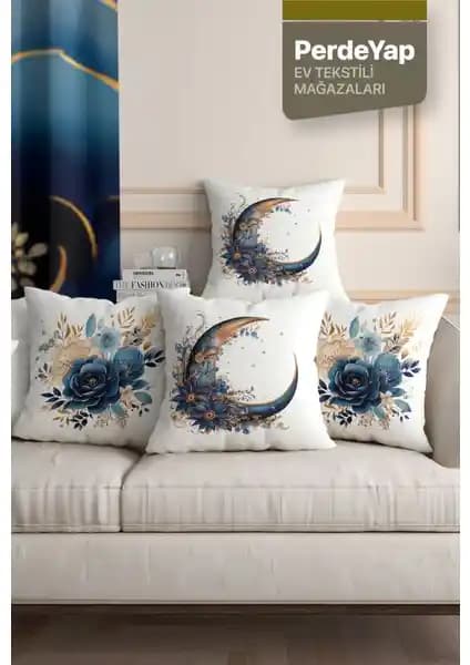 PerdeYap Mavi Çiçek ve Hilal Desenli Dekoratif Kırlent Kılıfı 43x43 cm Seti