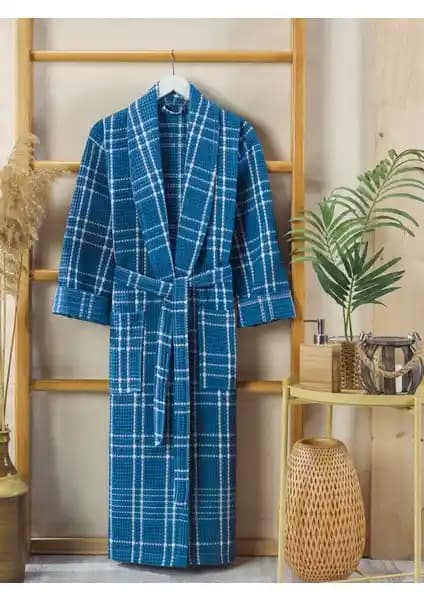 Philippus Erkek Yazlık Ekose Şal Yaka Bornoz Mavi Konfor ve Şıklık Sunar