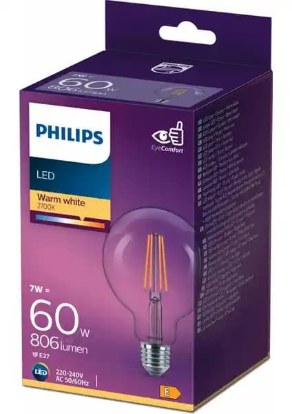 Philips 60W G93 Sarı Işık Filament Ampul Modern ve Enerji Verimli Tasarım