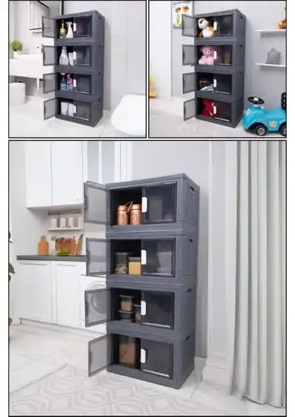 Piev Çok Amaçlı Kapaklı İstiflenebilir Tekerlekli Organizer Dolap 4 Lü Antrasit