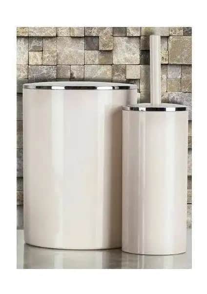 Primanova Lenox Bej Çöp Kovası ve Klozet Fırçası Seti Modern ve Dayanıklı Banyo Aksesuarları