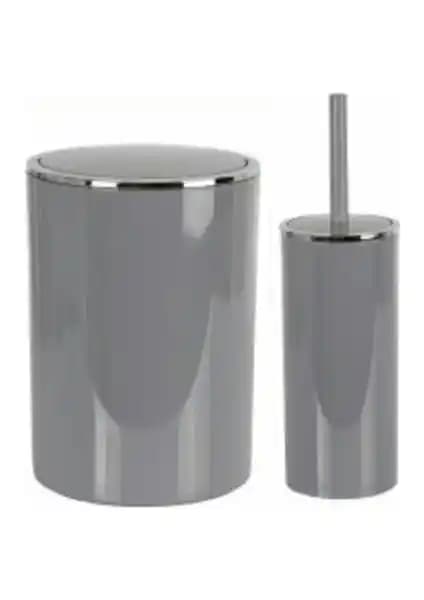 Primanova Lenox Gri Çöp Kovası ve Klozet Fırçası Seti Modern ve Dayanıklı Banyo Çözümü