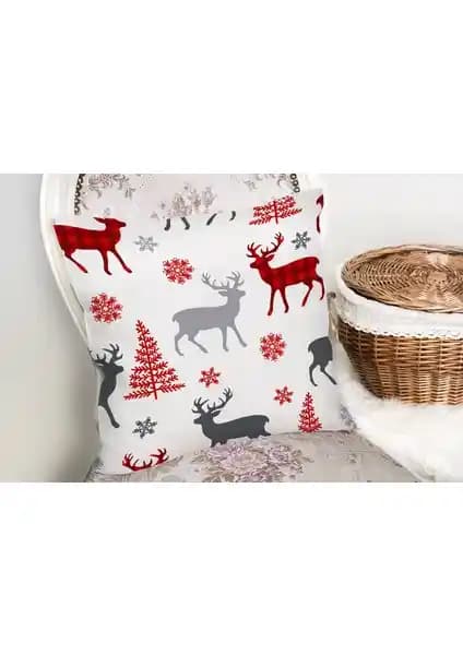 RealHomes Beyaz Zemin Yılbaşı Motifleri Dijital Baskılı Yastık Kılıfı 43x43 cm