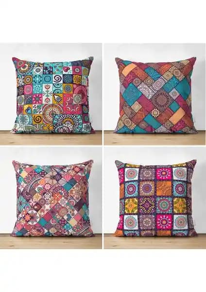 RealHomes Dekoratif Kilim Desenli Çift Taraflı Süet Yastık Kırlent Kılıf Seti 4'lü, Şık ve Dayanıklı Tasarım