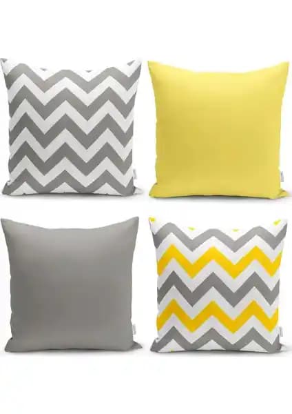 RealHomes Sarı ve Gri Zigzag Motifli Dijital Baskılı 4'lü Kırlent Kılıfı Seti - Modern ve Dayanıklı Dekorasyon Aksesuarı