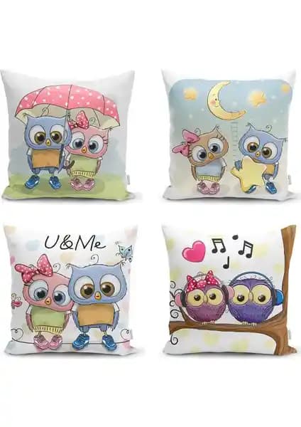 RealHomes Sevimli Baykuşlar 4’lü Yastık Kırlent Kılıf Seti Modern ve Dayanıklı Dekoratif Çocuk Odası Ürünü
