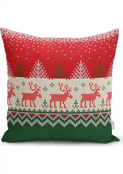 RealHomes Yılbaşı Geyikleri ve Ağaçlar Baskılı Dekoratif Yastık Kılıfı 43x43 cm
