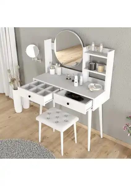 Roewood Efsane Makyaj Masası ve Beyaz Tabure Takımı: Modern ve Şık Ev Dekorasyonu İçin