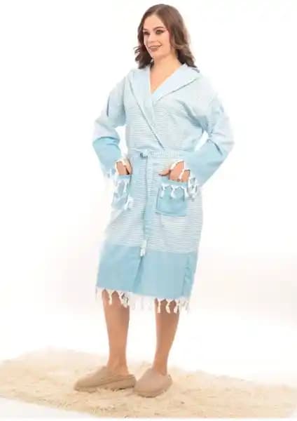 Rozet Tekstil Hürrem Mavi Unisex Pamuklu Bornoz Yüksek Kalite ve Şık Tasarım