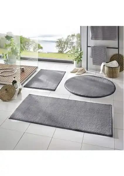 Sarar 3'lü Gri Peluş Kaymaz Taban Banyo Paspas Takımı Modern ve Güvenli Tasarım